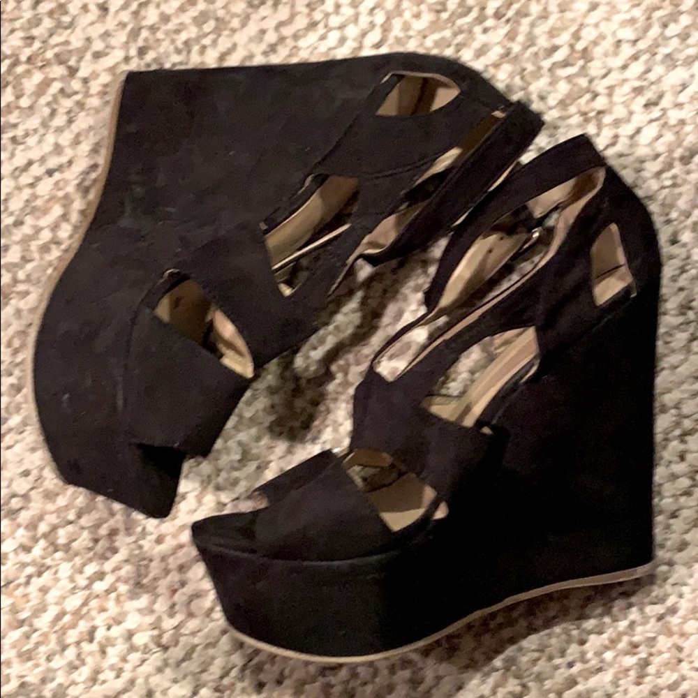 Faux Suede Black Lattice Wedges